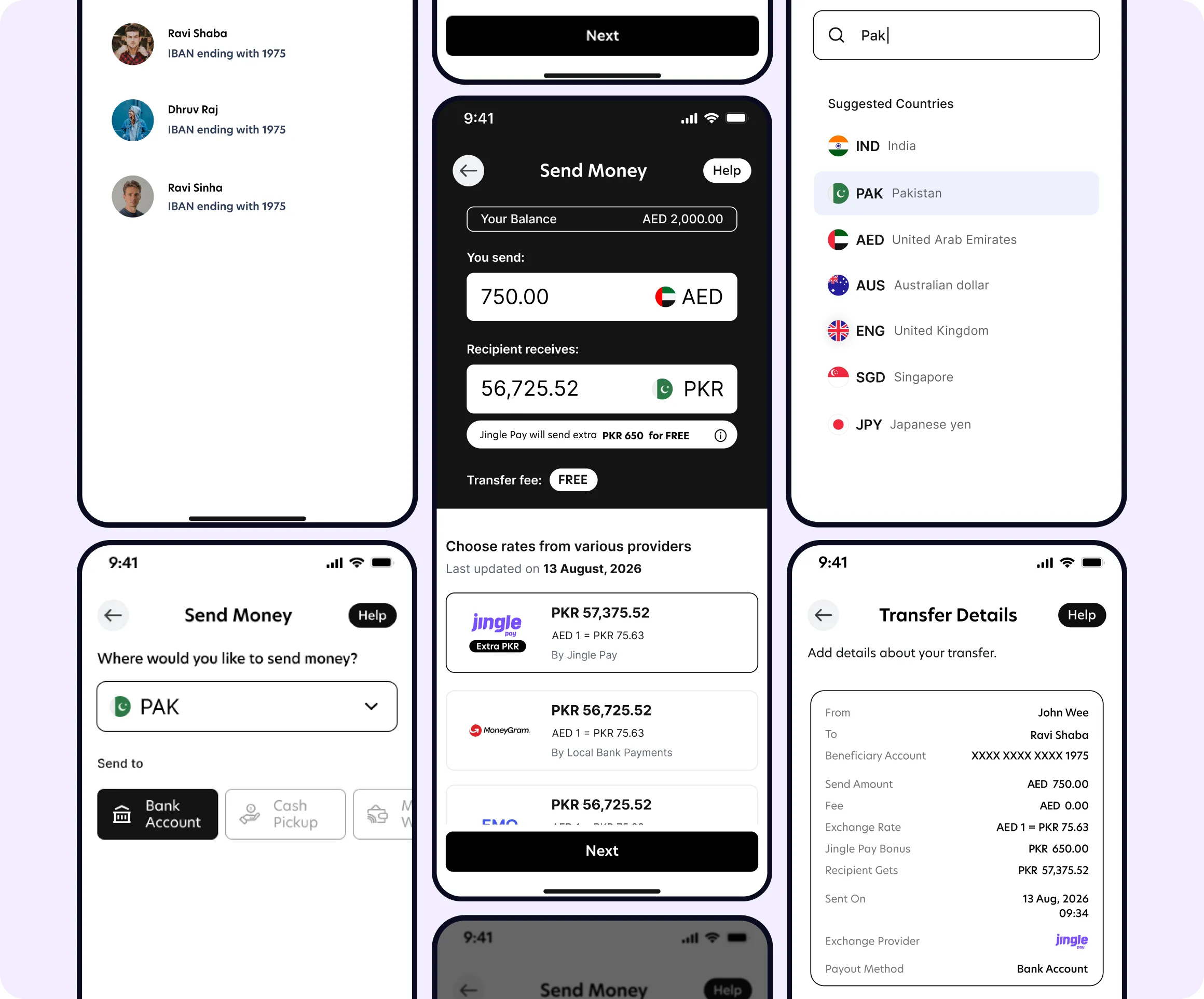 White-labelled REMAS SDK app screens showing the send money journey